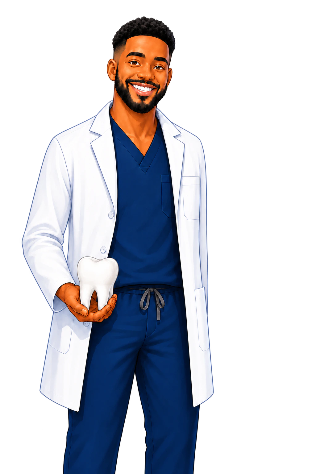 Illustration of Dental Drew in dental scrubs, holding a tooth model and raising his hand